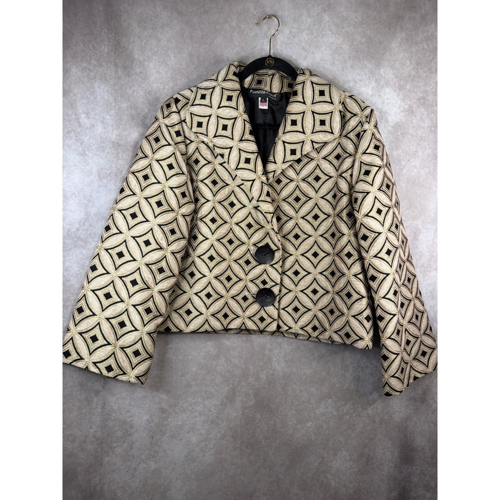 Y2K Painted Pony Jacket Women L Gold Black Geometric Cropped Button Made in USA